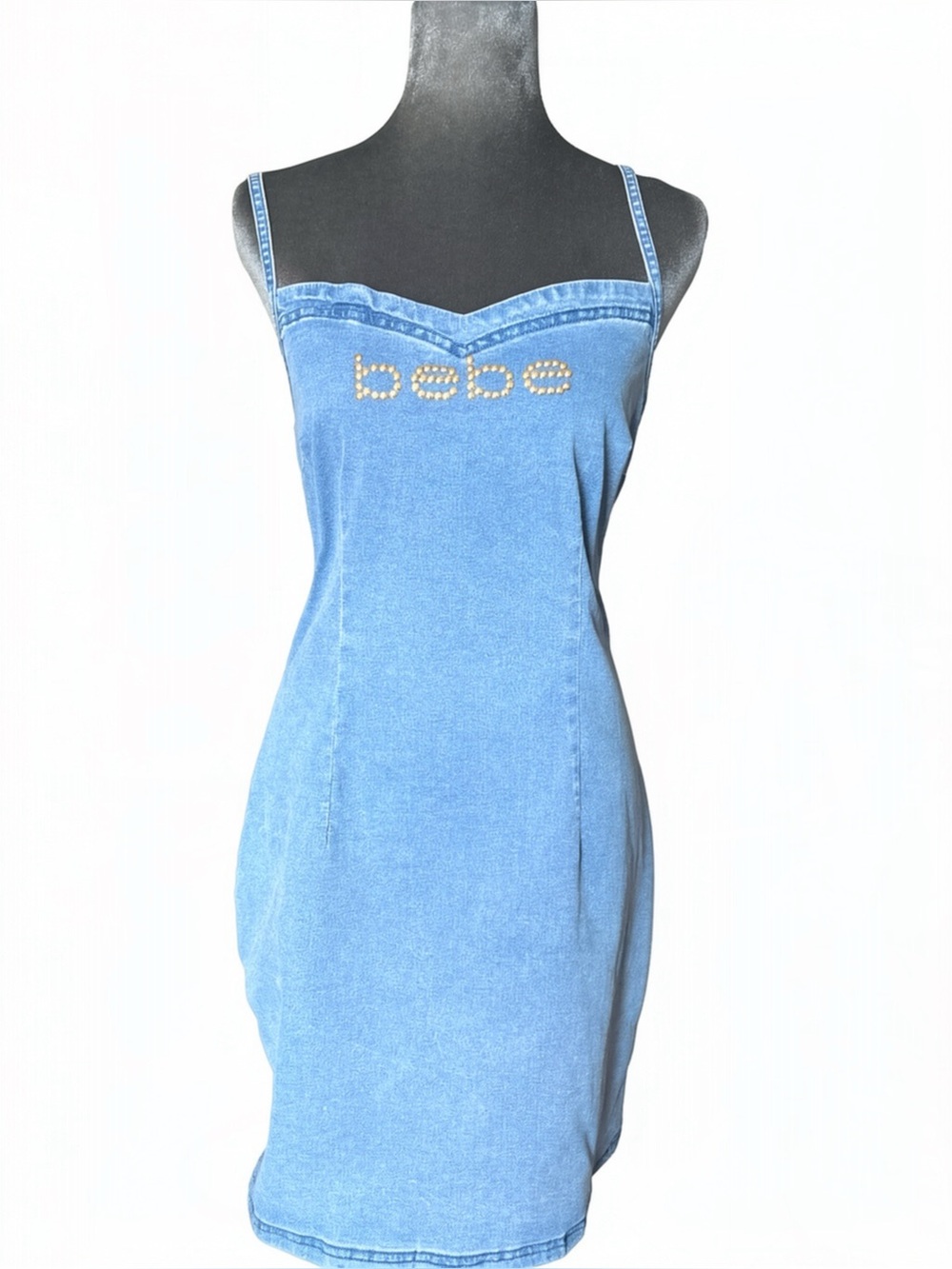Vintage Bebe Y2K Blue Denim Spaghetti Strap Rhinestone Logo Dress - Size Large